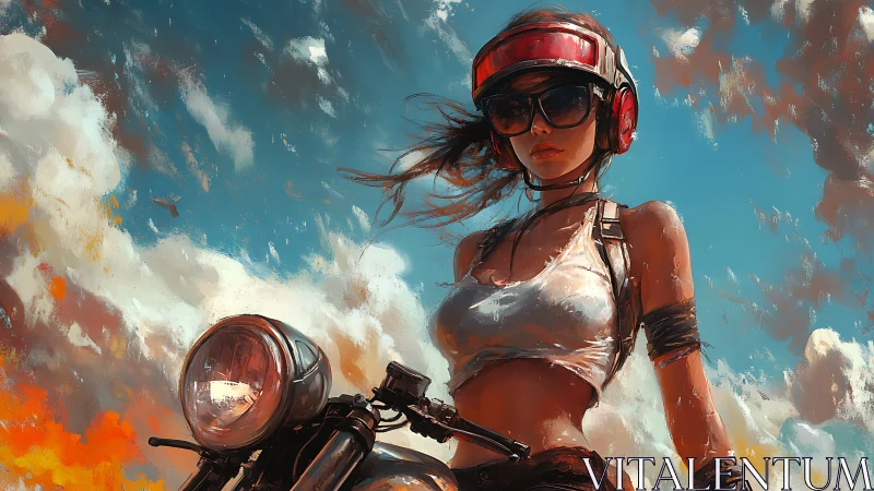 Motorcycle rider under vivid sky in dynamic digital art.