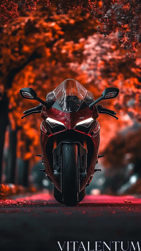 Red sport motorcycle stands beneath fiery autumn canopy.