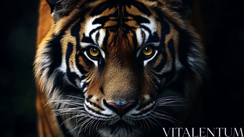 Majestic tiger portrait under dramatic low key lighting.