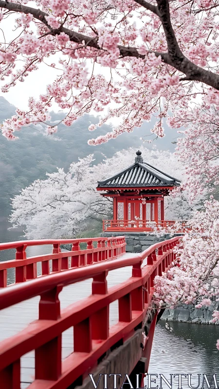 Scarlet shrine bridge drifting through pale cherry clouds.