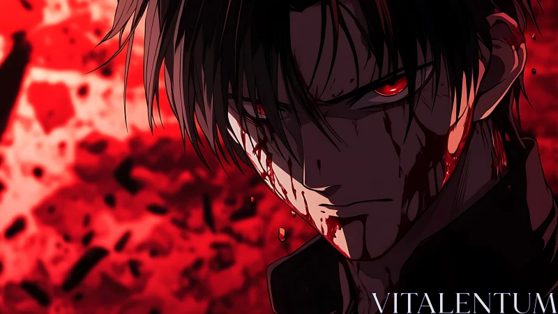 Bloody anime character stares forward with glowing red eyes