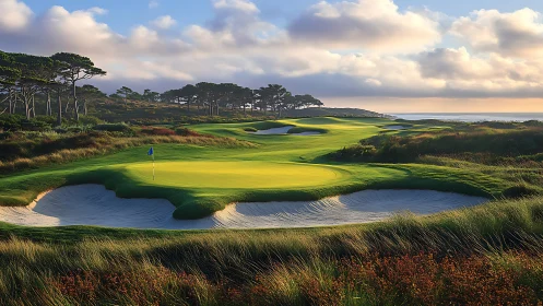 Coastal golf green with sculpted bunkers at maritime dusk.