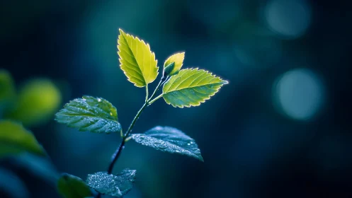 Backlit dew-covered leaves in cool teal bokeh field.