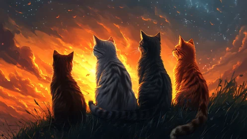 Four Cats Silhouetted Against Apocalyptic Fiery Sky