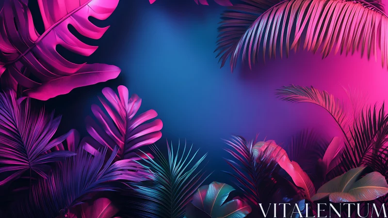 Neon gradient jungle with sculpted tropical foliage framing.