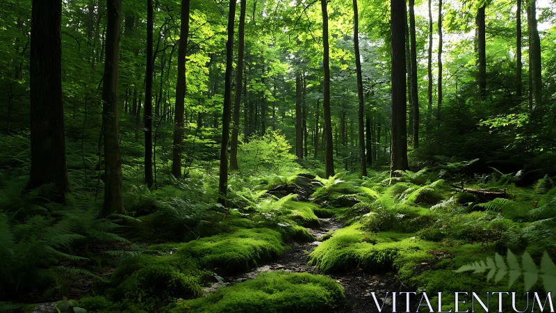 Lush green forest path with moss and ferns, natural daylight scene.