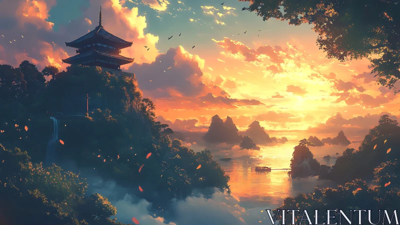 Sunlit mountain temple watches over a tranquil misty bay