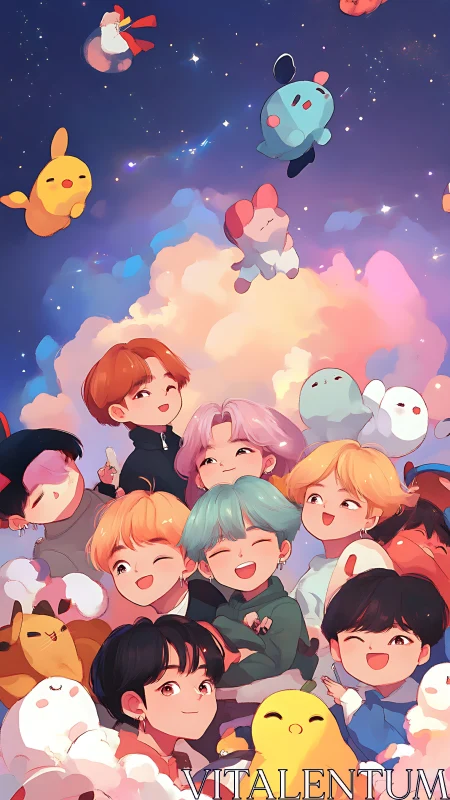 Cartoon group portrait with plush toys in cloudscape sky.