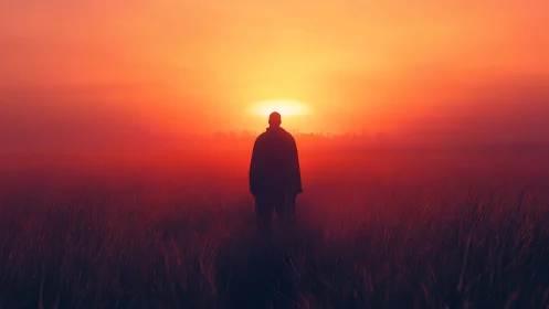 Solitary wanderer melts into a horizon of burning dawn light