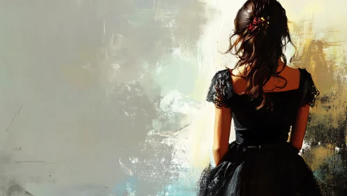 Young woman in black dress pausing in a quiet, dreamy moment.