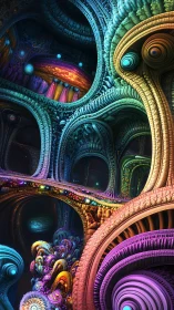 Intricate multicolored fractal cavern with organic forms.