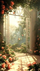 Sunlit garden room with open doors and climbing roses.