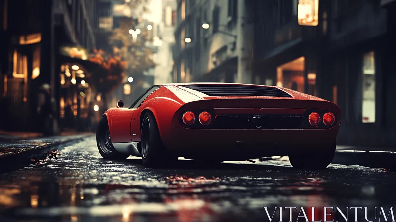 Red classic sports car on wet city street at dusk.