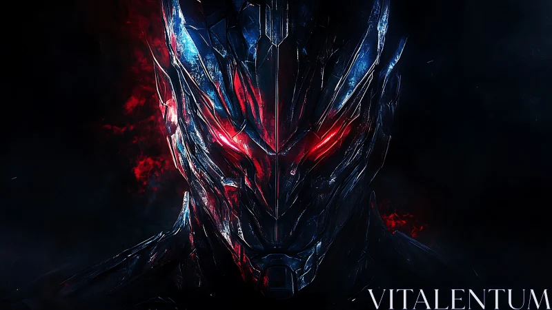 Chrome-plated cybernetic war mask radiates hostile red glare