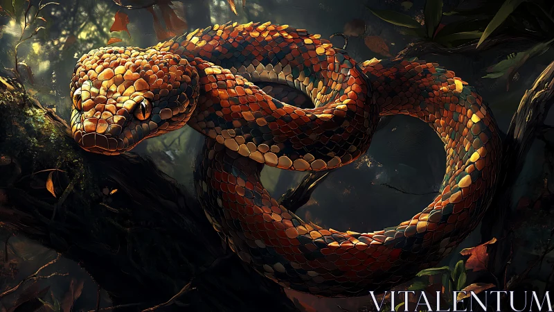 Coiled arboreal snake with textured scales in dim forest.