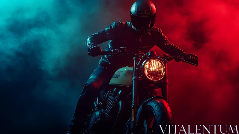 Neon fog rider carved from red and teal midnight smoke.