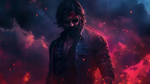 Brooding action hero in fiery neon smoke stormscape.