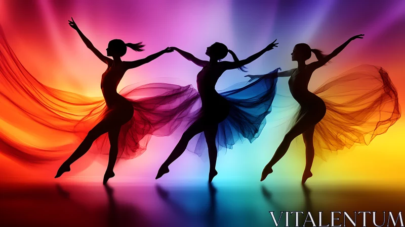 Graceful dancers swirl through luminous rainbow light.