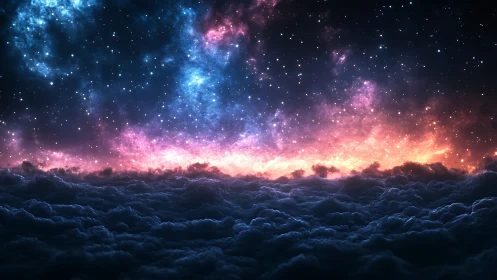 Stellar nebula over dense cloudscape at night sky horizon.