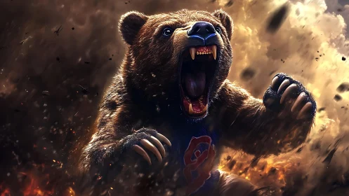 Roaring armored bear charges through swirling fiery chaos.