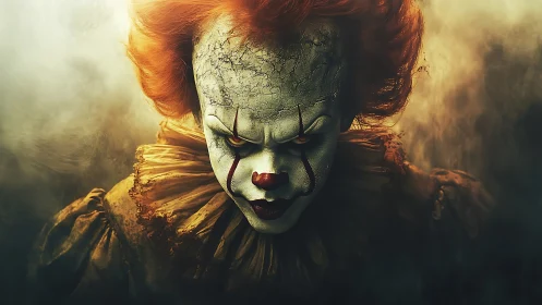 Horror clown portrait with cracked makeup and dramatic chiaroscuro lighting
