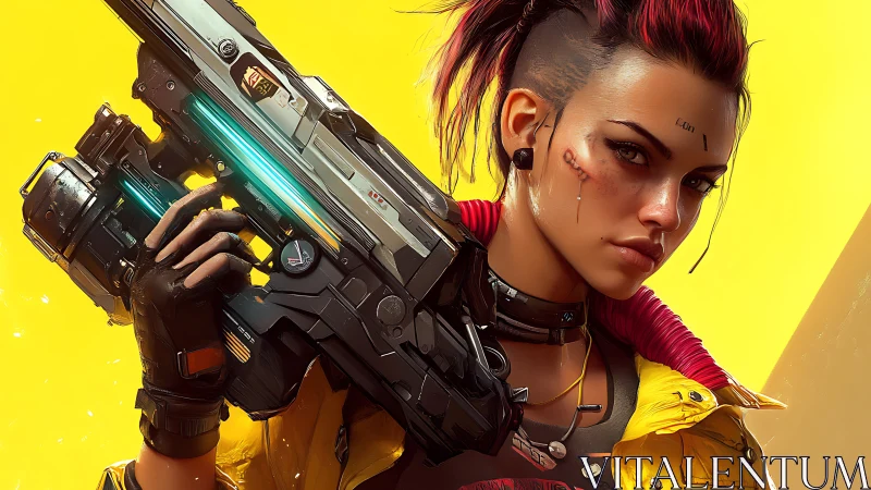 Cyberpunk mercenary holds massive rifle against neon yellow