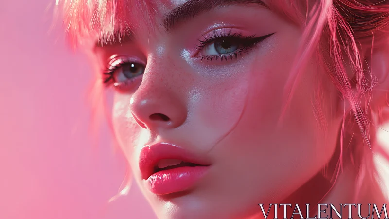 Digital close-up render depicts stylized female face in pink light