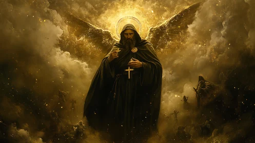 Digital painting of hooded angelic guardian in apocalyptic light.