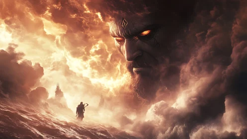 Colossal fiery face in storm clouds confronts lone figure