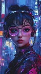 Neon city dreamer with pink headphones and electric gaze.