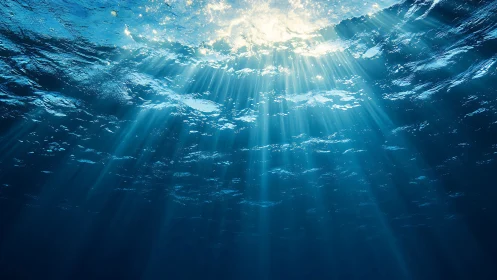 Sunlit ocean surface sends blue rays into deep water