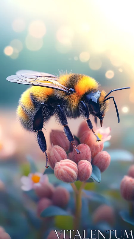 Macro bee on pastel blossoms rendered in soft bokeh light