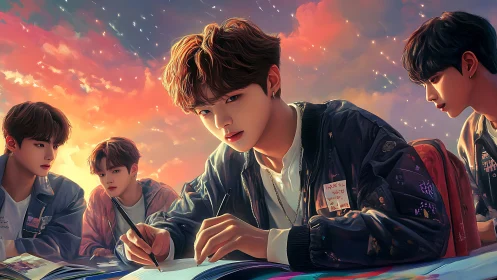 Digital boys studying under vivid twilight sky scene.