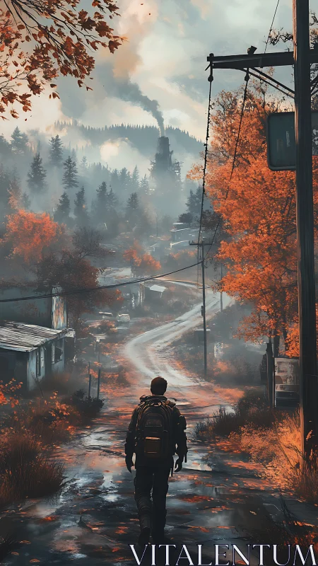 Lone figure on wet road approaching distant industrial plant.