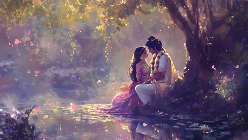 Ethereal Garden Romance: Divine Couple Beside Luminescent Water.