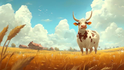 Whimsical cow under vast clouds in golden farm field.