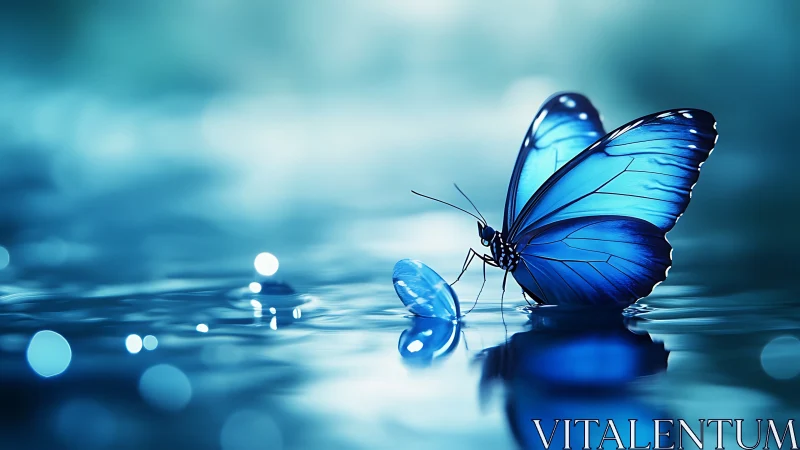 Blue butterfly rests on shimmering water in ethereal light