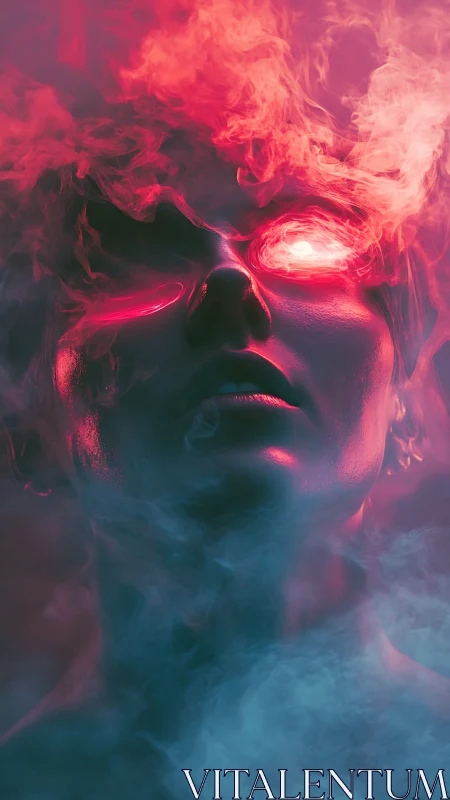 Luminous cybernetic face emerges through neon smoke haze