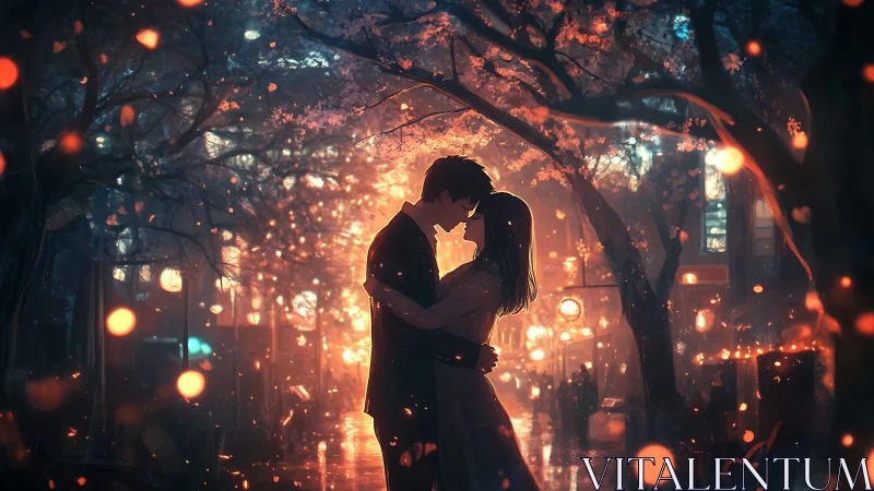 Two figures embrace beneath illuminated trees in urban evening setting.