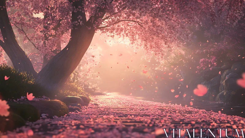 Twilight cherry blossom path in softly glowing spring light.