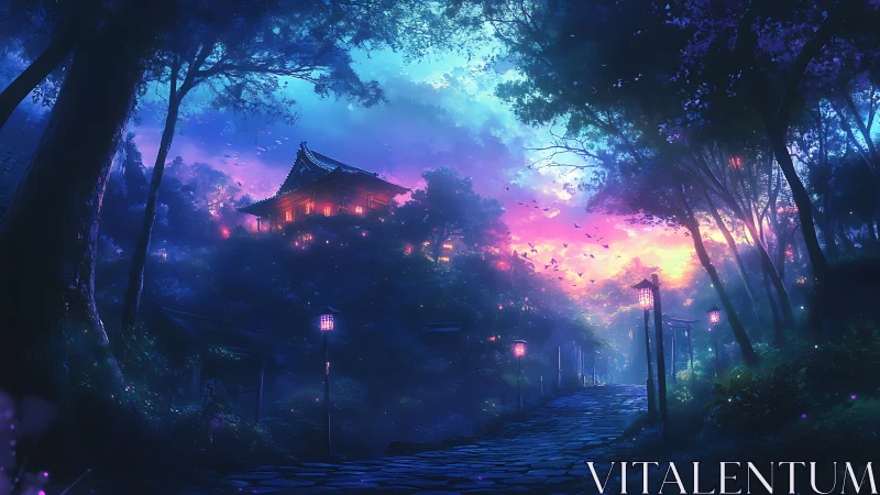 Twilight forest shrine pathway under bioluminescent lantern glow