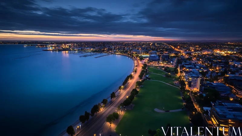 Curved coastal road borders illuminated urban shoreline at dusk