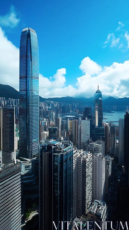 Glass skyscrapers dominate dense harborfront skyline view.