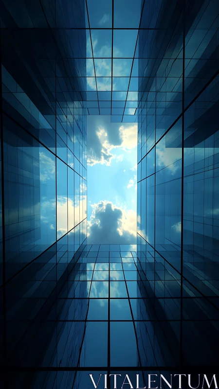 Skyward reflections between calm blue glass towers.