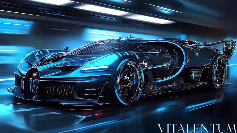 Neon midnight hypercar streaking through liquid blue speed.
