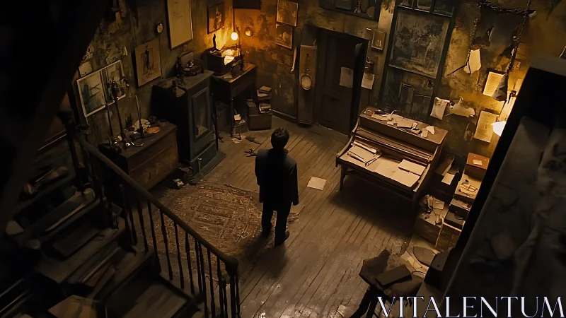 Man stands alone in dim, cluttered attic study room.