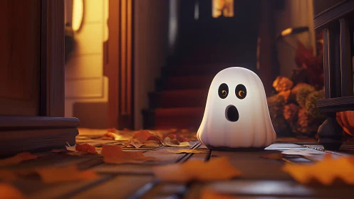 Cute glowing ghost decor brightens cozy autumn doorway.