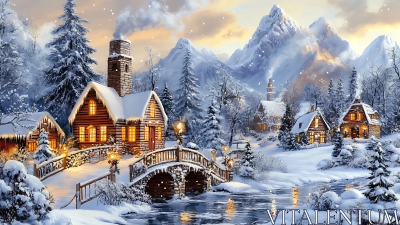 Illuminated alpine village under crystalline winter skyscape.