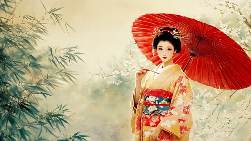 Geisha portrait with parasol in atmospheric floral environment.