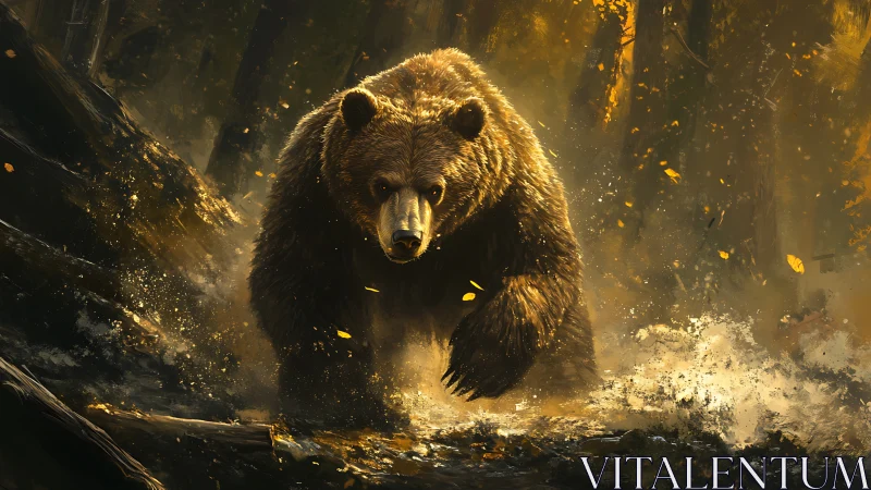 Charging grizzly bear cuts through golden forest stream.